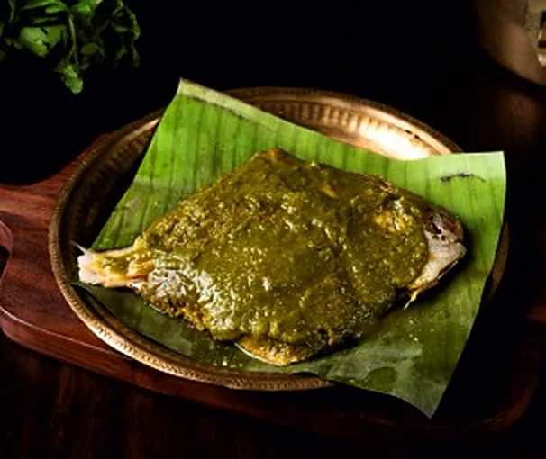 Patra fish on a banana leaf